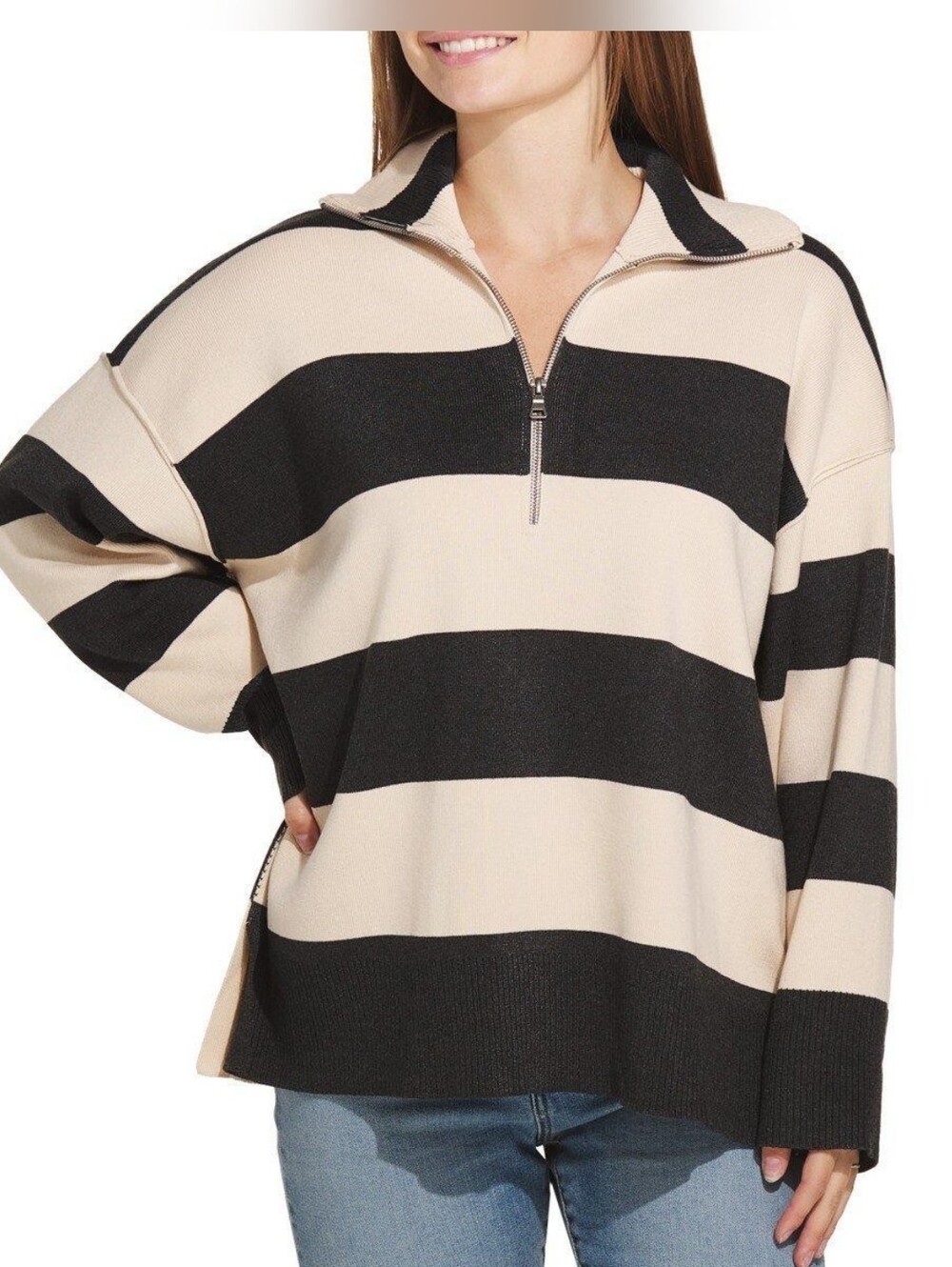 By Together Women's Oversized Half-Zip Striped Sweater in Beige & Navy